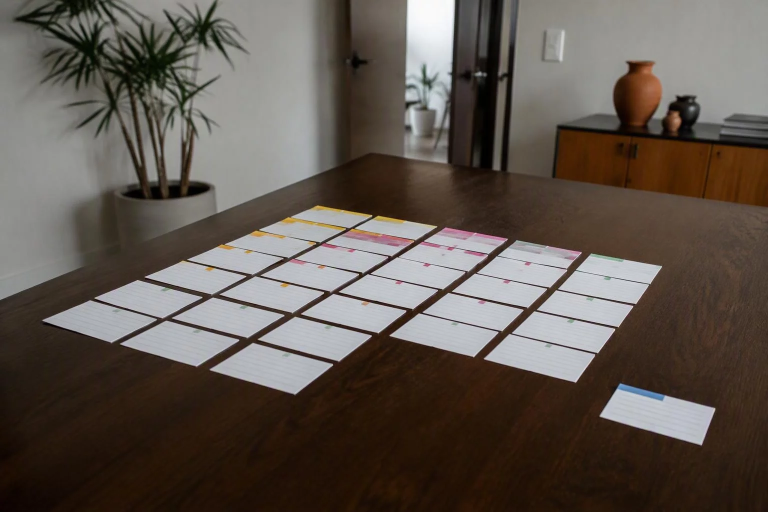 Cartões de conferência marcados com etiquetas coloridas