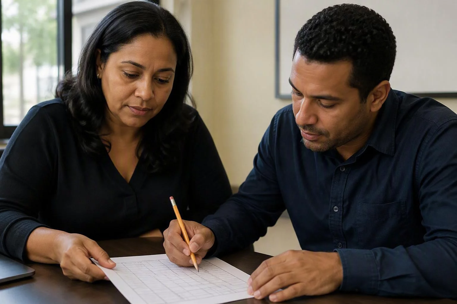 Duas pessoas revisando um formulário de conferência lado a lado