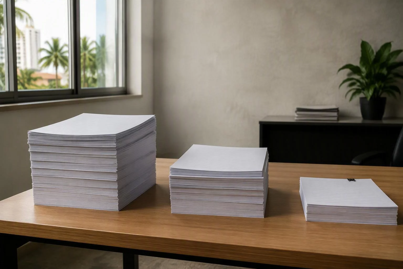 Documentos de conferência separados em três montes sobre a mesa