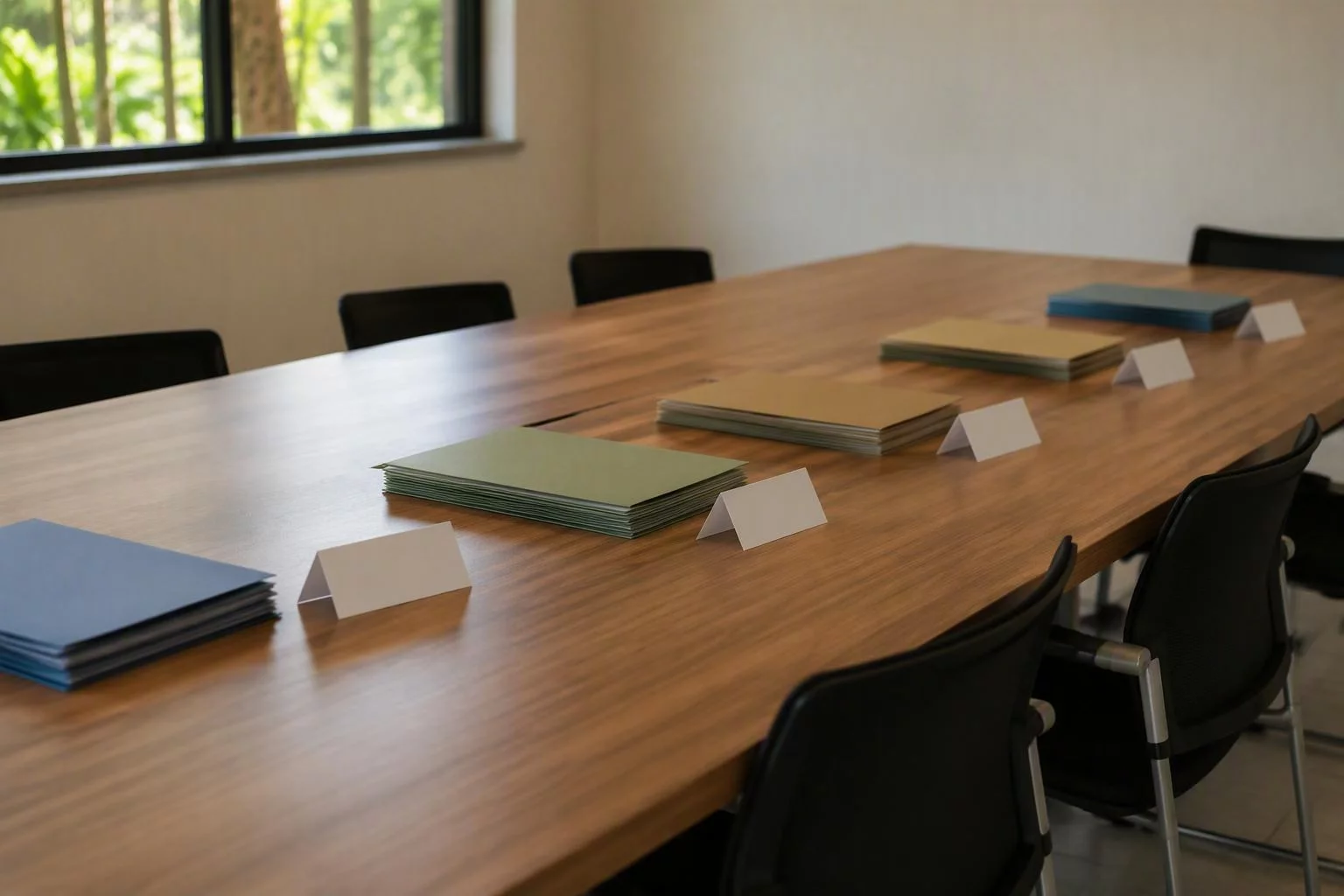 Mesa de reunião com pastas separadas por assunto antes de uma visita